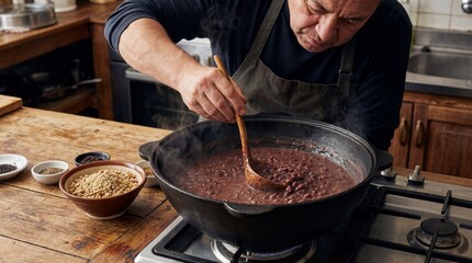Chef stirring traditional black beans with a wooden spoon in a steaming cast iron pot on a gas stove, preparing a healthy and flavorful meal in a rustic kitchen setting