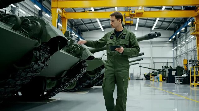 Military engineer inspects tank with tablet in defense factory. Worker checks armored vehicle in industrial hangar. Technician examines military tank. Defense industry production facility.