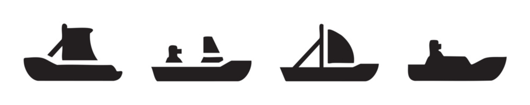 Four different types of boats represented as black silhouette icons, illustrating various watercraft for navigation and leisure activities.
