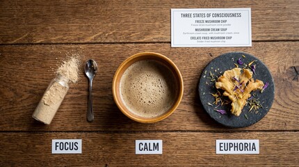 Representing focus, calm, and euphoria, an overhead view on a wooden table shows a mushroom powder supplement, a frothy mushroom soup in a cup, and a dried mushroom chip with herbs
