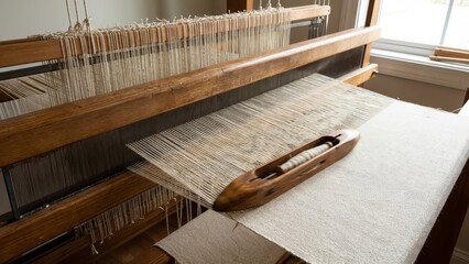 Wooden loom actively weaving raw threads into a new piece of textile fabric, showcasing traditional craftsmanship, heritage, and the process of handmade production