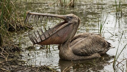 Pelican with an unnaturally modified beak featuring sharp, dagger-like teeth, opening its mouth wide in a murky swamp environment, creating a disturbing and unusual wildlife scene
