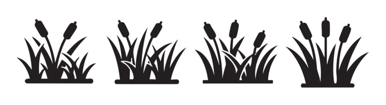 Cattails and reeds marsh plants growing in wetland areas, presented as a collection of black silhouette icons featuring tall leaves and distinctive seed heads.