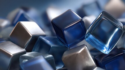 Abstract Composition of Reflective Blue and Silver Cubes in a Close Up View with Depth of Field and Soft Lighting