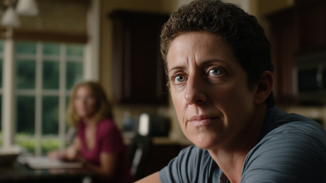 Non-binary adult sitting at kitchen table morning.