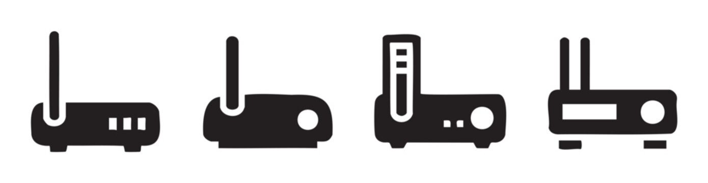 Four internet routers icon set representing wireless network technology and digital communication devices for home and office connectivity.