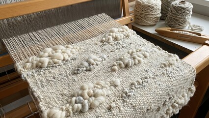 Weaving a textured wool textile on a traditional loom, showing the intricate process of creating handmade fabric with natural fibers and artisanal craftsmanship
