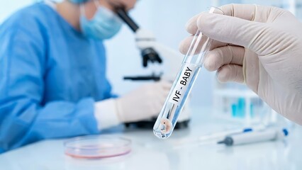 Hand in a white medical glove holding a test tube with an embryo and ivf - baby label, while a scientist uses a microscope in a laboratory, symbolizing fertility treatment