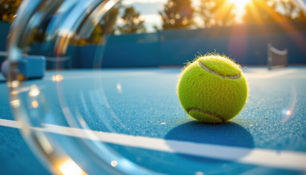 A vivid, hyper realistic scene capturing a solitary tennis ball perched gently on a pristine blue court