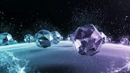 Abstract futuristic digital landscape features glowing geometric crystal spheres floating in deep space - Powered by Adobe