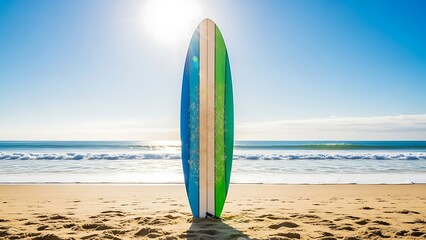 Vertical Surfboard Standing on Sandy Beach with Ocean Waves and Bright Sun image photo