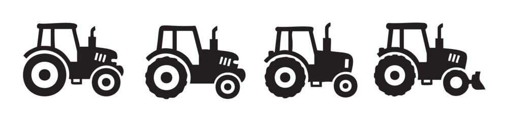 Obraz premium Four farm tractors in a row showcasing various agricultural vehicle silhouettes, perfect for illustrating farming, rural life, and heavy machinery concepts.
