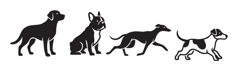 Obraz premium Four different dog breeds depicted in a row, showcasing various poses and characteristics as simple black and white graphic icons.
