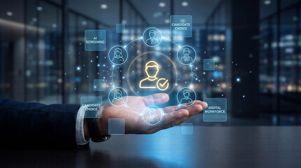 Artificial intelligence recruitment and candidate selection concept with digital human resources interface.