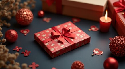Red present box with a red bow and a red candle congrarulation holiday background