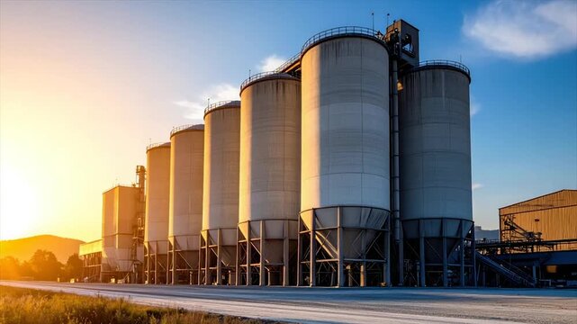 Industrial silos lined up under a dramatic sunset and a blue sky