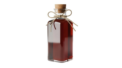 Obraz premium Square glass bottle with cork and twine filled with red liquid isolated PNG, vintage potion container on transparent background