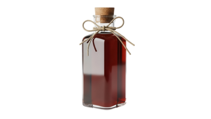 Square glass bottle with cork and twine filled with red liquid isolated PNG, vintage potion container on transparent background
