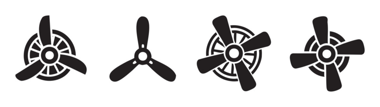 Various black propeller and fan icons, a collection of different rotating blade designs used for air movement and propulsion systems.