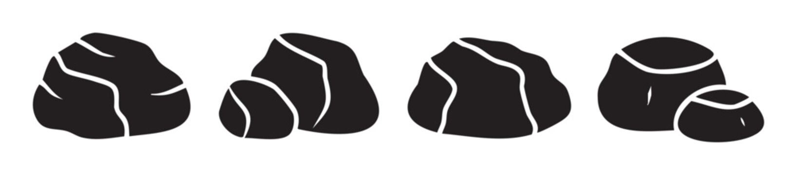 Four natural rough textured rocks or stones are depicted in a simple black and white graphic illustration, showcasing their varied shapes and contours.