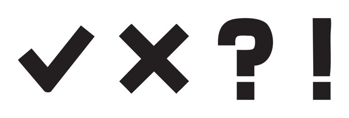 Fototapeta premium Checkmark, cross, question mark, exclamation mark symbols represent various states of decision, feedback, and communication in a clear and concise visual manner.