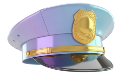 Blue police hat with gold badge isolated PNG, law enforcement headwear on transparent background for design and security concepts