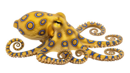 Blue-ringed octopus isolated PNG on transparent background, venomous sea animal with yellow skin and blue rings, dangerous marine wildlife © Carlos
