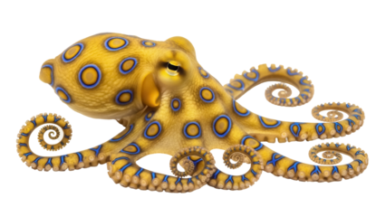 Blue-ringed octopus isolated PNG on transparent background, venomous sea animal with yellow skin and blue rings, dangerous marine wildlife
