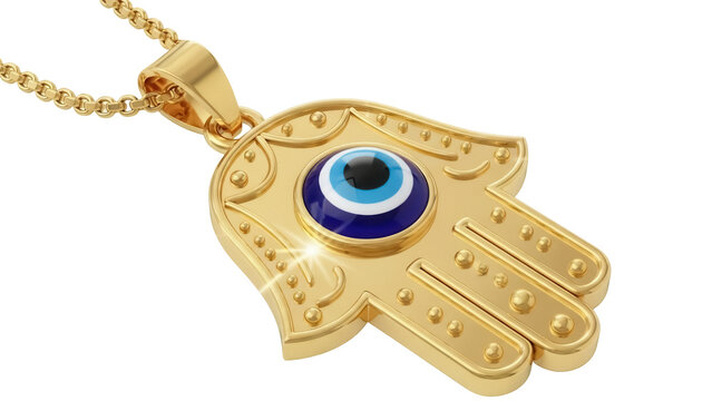 Golden Hamsa hand pendant with blue evil eye isolated PNG, Middle Eastern amulet for protection and good luck on transparent background