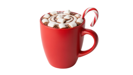 Red mug of hot chocolate with marshmallows and candy cane isolated PNG, festive winter beverage for holiday season