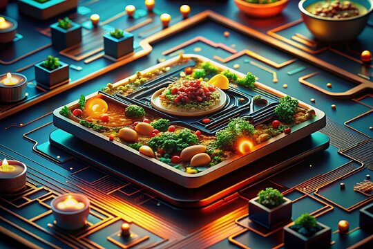 Futuristic Food Circuit Board: High-Detail Digital Culinary Design