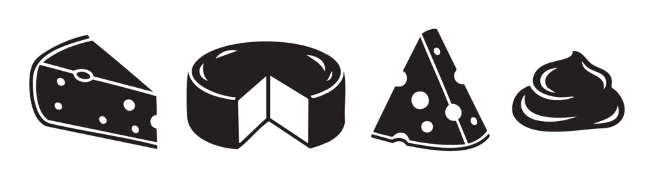 Various cheese products and dairy items are depicted in a collection of simple black and white silhouette icons, representing different types of delicious food.