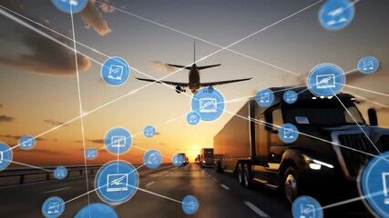 Trucks transport on highway at sunset with airplane flying overhead. Connected icons visualize logistics and connectivity in a global network. - Powered by Adobe