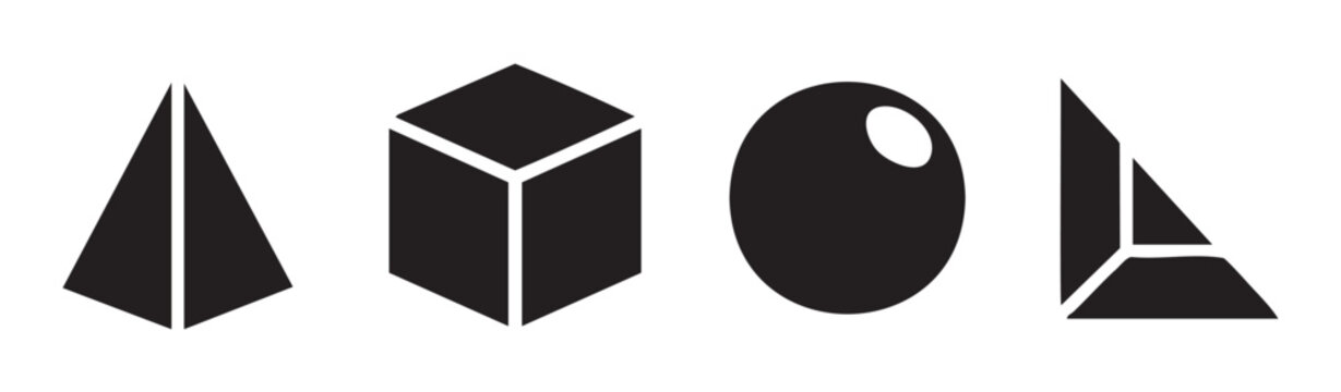 Geometric shapes vector illustration featuring a pyramid, cube, sphere, and prism in a minimalist black and white design for educational or design purposes.