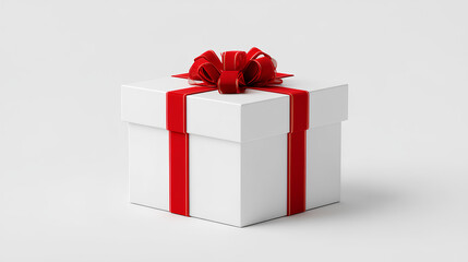 Blank white gift box mockup exhibition booth stand open or opened present box tied with red ribbon bow isolated on dark red background with shadow minimal creative idea conceptual 3D 