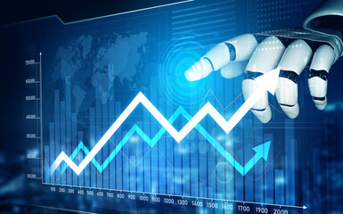 A futuristic robot hand interacts with digital stock market charts, emphasizing growth trends and data analytics, ideal for finance and technology themes. Scalp