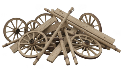 Wooden cart parts pile isolated on transparent background