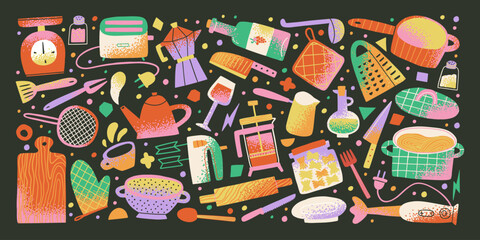 Y2K funky kitchenware with Color Textured Gradient. Abstract funky cookware Shapes. Flat Design Elements for Backgrounds, Patterns, Posters and Banners.