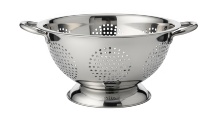 Stainless steel colander isolated on transparent background