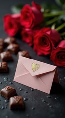 Roses and chocolates are on a table with a pink envelope copy space congrarulation holiday background