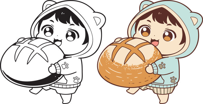 Cute child in bear onesie happily holding a large loaf of bread
