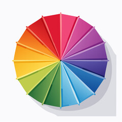 Obraz premium Overhead view of a colorful umbrella with rainbow hues, casting a shadow on a white background.