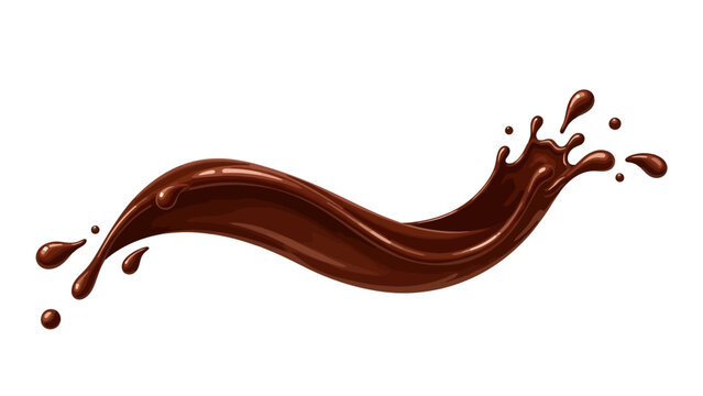 A luscious wave of glossy melted chocolate swirls dynamically through the air, arching in a smooth, rich ribbon before fracturing into energetic droplets against a stark white background