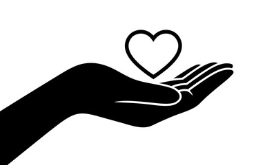Fototapeta premium Vector icon silhouette of a hand with a heart, palm holding a heart, symbol of care, love, and charity, isolated on a transparent background