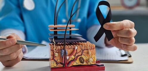Oncologist skin anatomy and black ribbon oncology melanoma and skin cancer concept