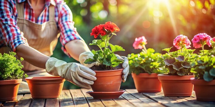 Gardener Planting Geraniums on Patio, Soft Bokeh Background