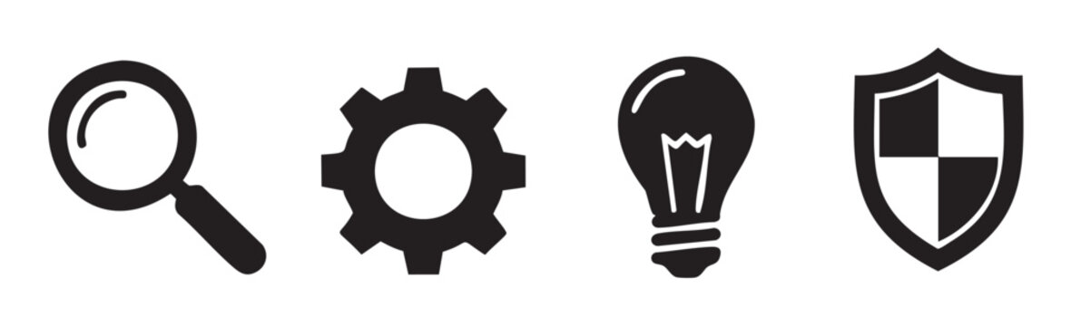 Magnifying glass gear lightbulb shield icons representing essential concepts for business, technology, security, and innovative problem-solving solutions.