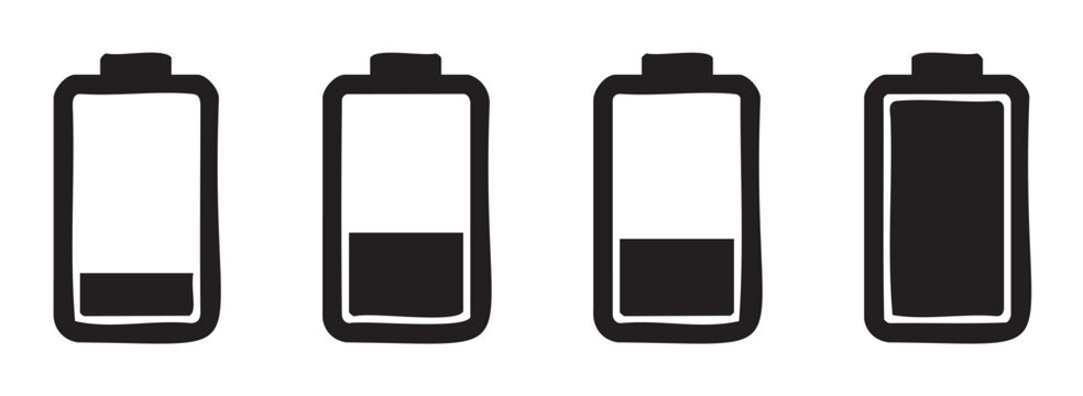 Four hand drawn battery icons showing different charge levels from empty to full, representing power status and energy consumption.