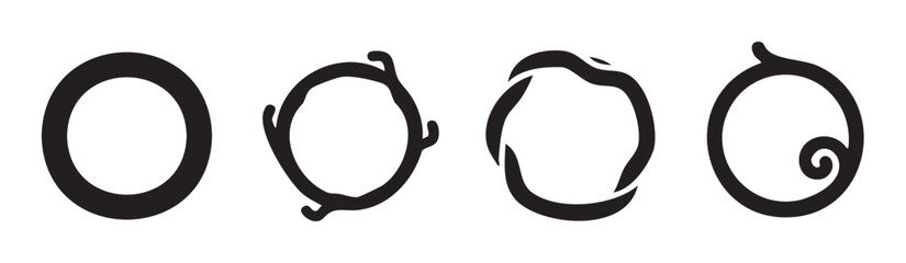 Four distinct black circular shapes are arranged horizontally, each featuring a unique and abstract design, illustrating creative variations of a fundamental geometric form.