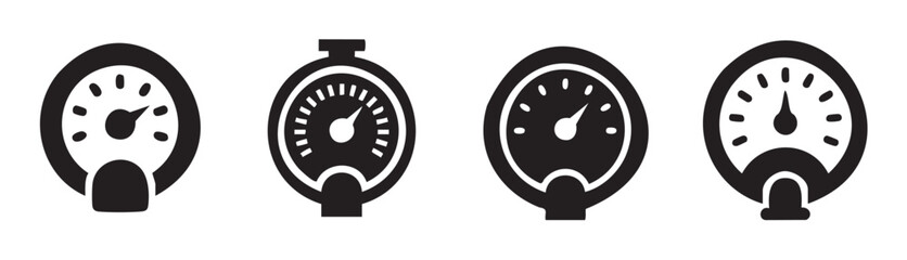 Fototapeta premium Four black and white gauge icons represent various measurement tools and indicators for industrial, automotive, or digital interface designs.